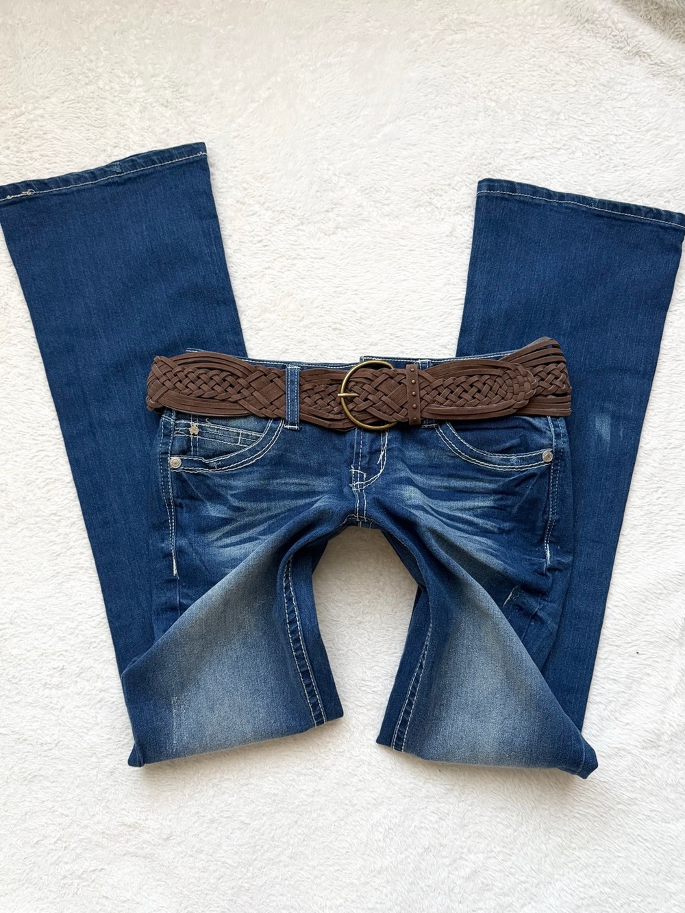 Wallflower Blue Flare Jeans with Brown Braided Belt